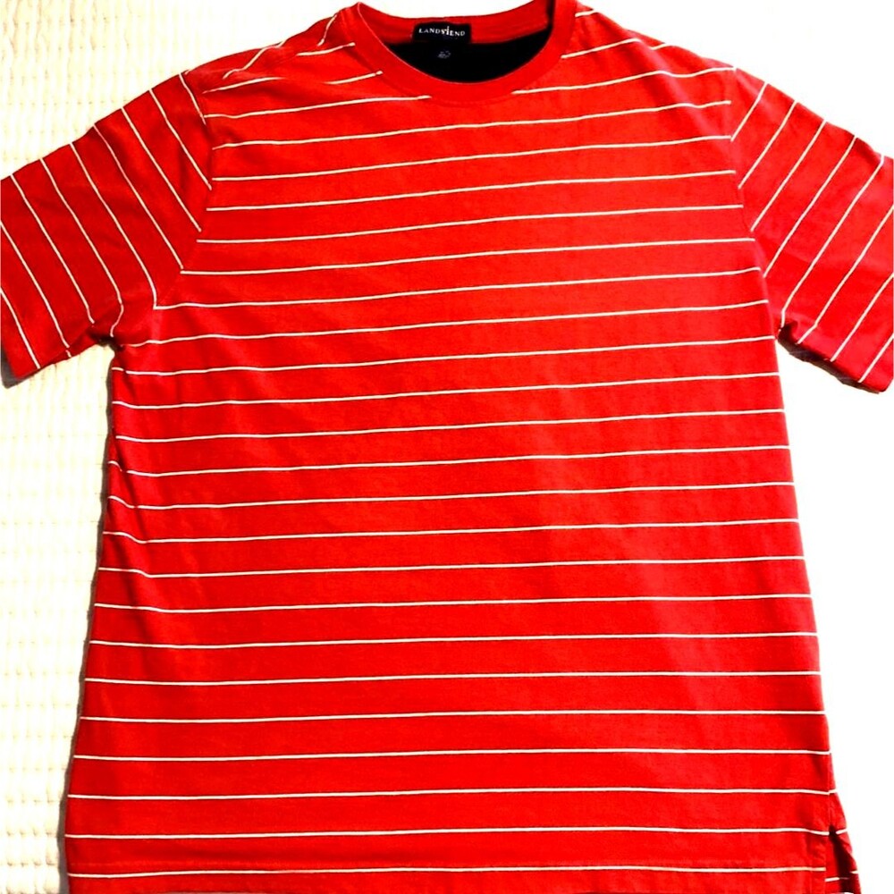 Lands' End Men's Pumpkin Colored Striped Shirt -LARGE